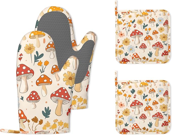 Retro Mushroom Daisy Flowers Silicone Oven Mitts and Pot Holders, by Unknown