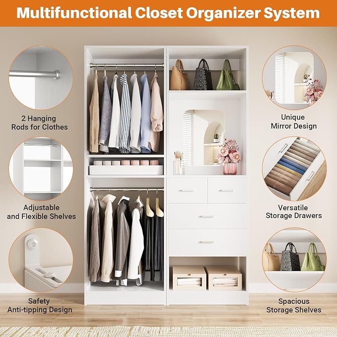 Unikito 50” Closet System with 4 Drawers, 4.2FT Wood Closet Organizer with - Image 3