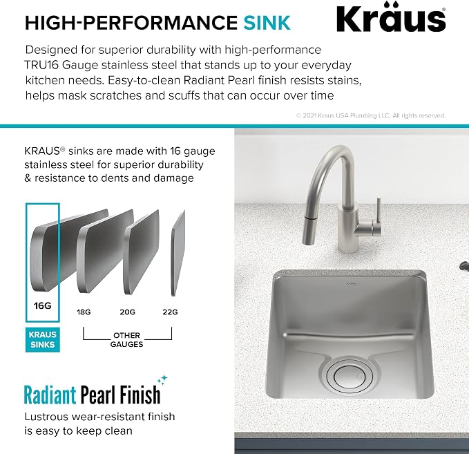 KRAUS Dex 17-Inch Undermount Single Bowl TRU16 Gauge Stainless Steel Kitchen - Image 4