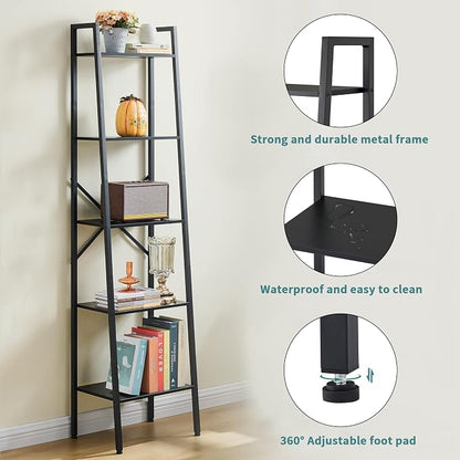 Hoctieon 5-Tier Industrial Ladder Bookshelf, Narrow Ladder Shelf, Tall Standing - Image 7