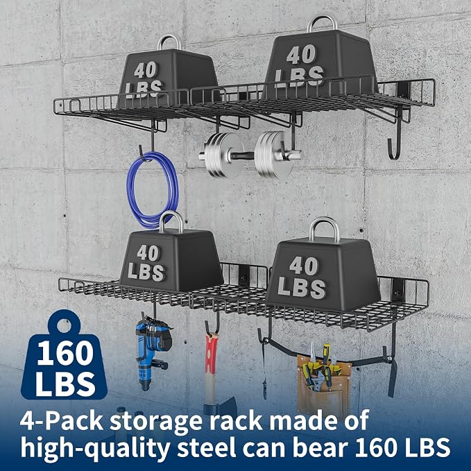 4 Pack Garage Wall Shelf, Wall Mounted Storage Shelves, Heavy Duty Metal Shelves - Image 4