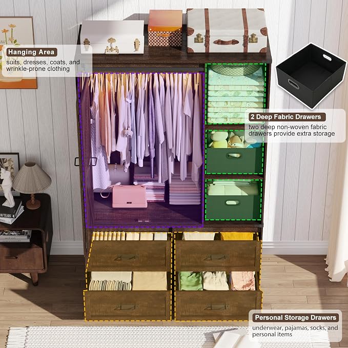Farmhouse 3 Doors Armoire Wardrobe Closet w/Folding Sliding Barn Door and Lights - Image 5