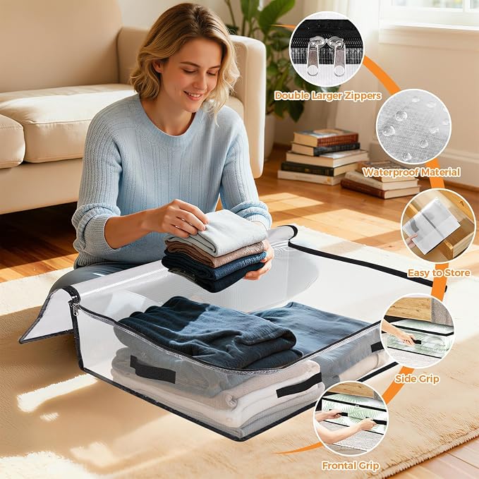 6 Pack Under Bed Storage Bags, 60L Foldable Clear Storage Containers - Image 3