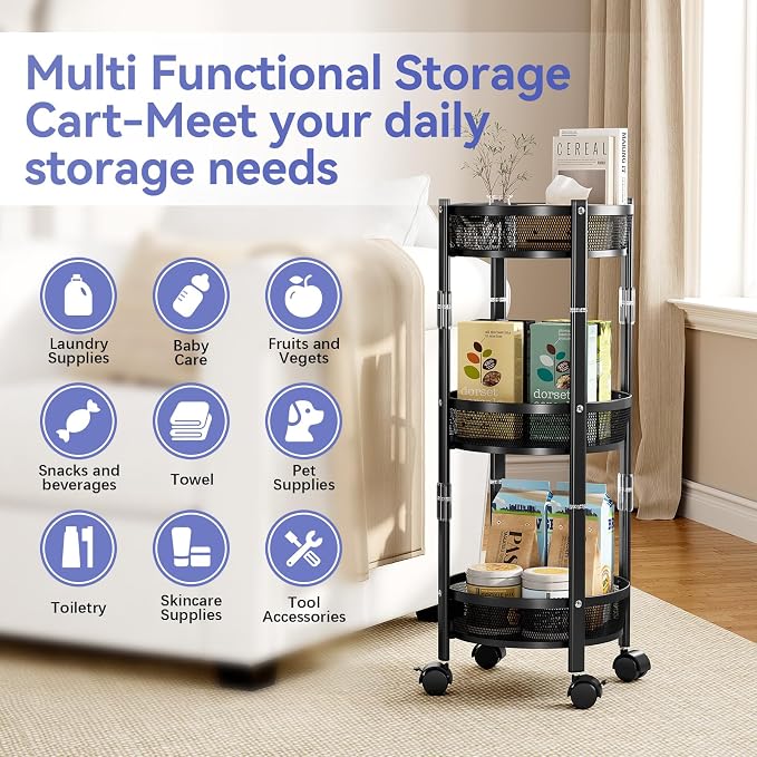 TOOLF 3 Tier Foldable Rolling Cart, Metal Utility Storage Cart, Lockable Wheels - Image 5