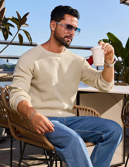 Vssjavun Sweaters for Men Crewneck Cable Knit Waffle Textured Pullover Sweater - Image 7