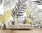 -Black and Gold Tropical Botanical Banana Leaf Fabric Wallpaper Living Room Bedroom Bathroom Abstract Plant Large Wall Mural- 137"x96"（ not Peel and Stick）