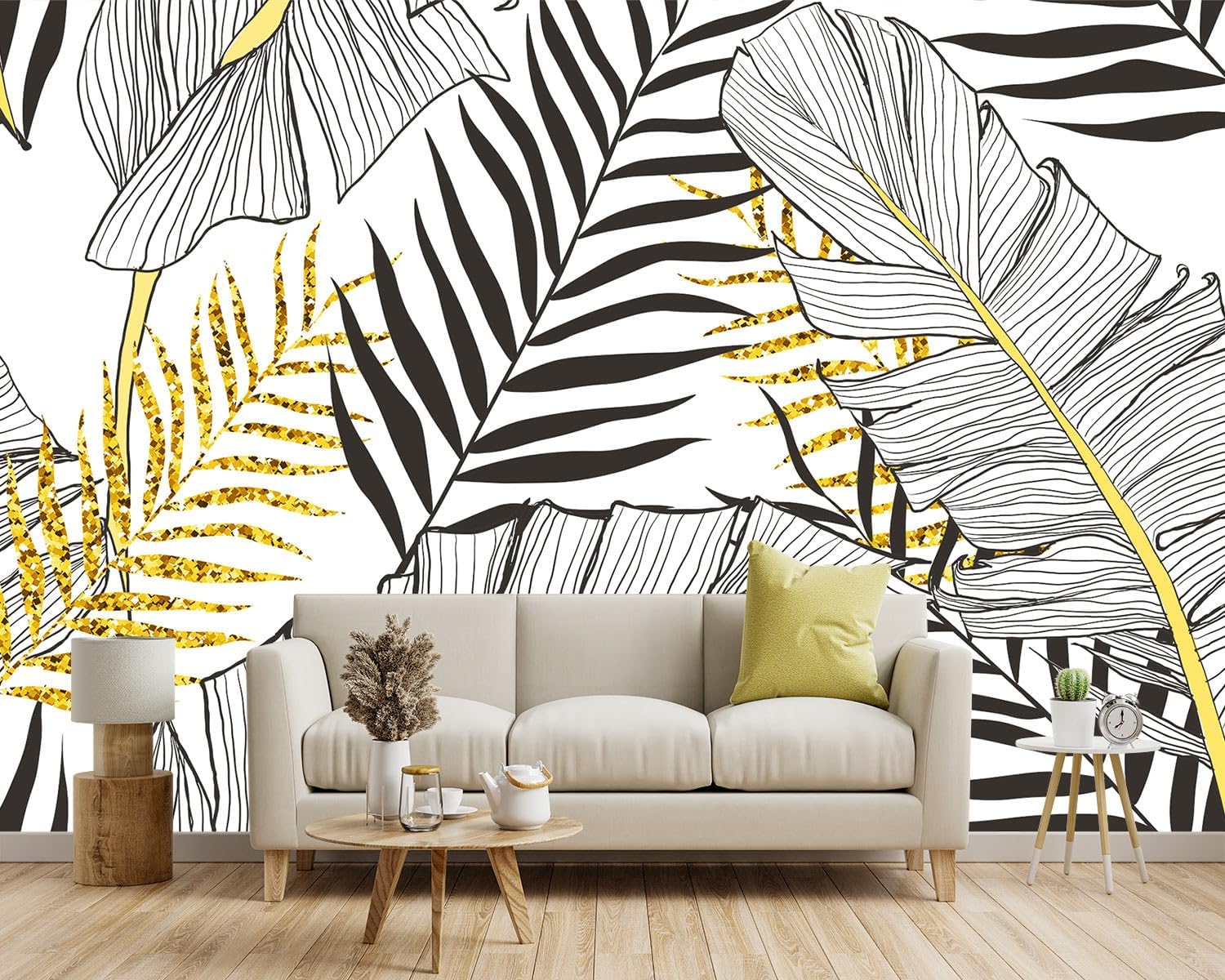 -Black and Gold Tropical Botanical Banana Leaf Fabric Wallpaper Living Room Bedroom Bathroom Abstract Plant Large Wall Mural- 137"x96"（ not Peel and Stick）