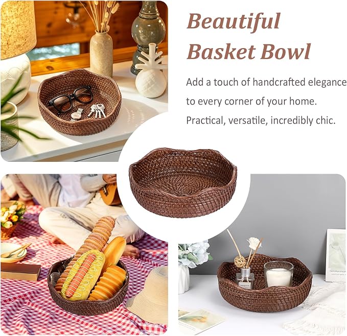 Hipiwe 10" Round Key Tray for Entryway Table Handwoven Wicker Basket Bowl | - Image 5