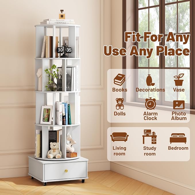 4 Tier Wood Rotating Bookshelf, 360° Spinning Bookshelf Tower - Image 6