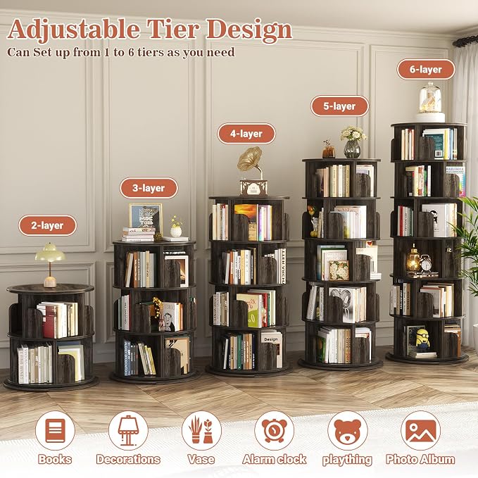 Aheaplus 6 Tier Rotating Bookshelf, Wood Spinning Bookshelf Tower, Round - Image 6