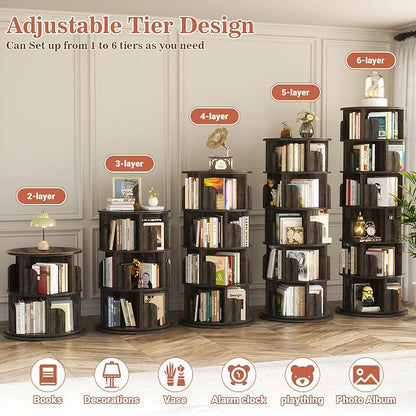 Aheaplus 6 Tier Rotating Bookshelf, Wood Spinning Bookshelf Tower, Round - Image 6