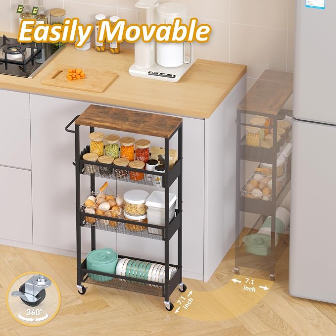 Vincona 7.1" Wide Slim Rolling Utility Cart, 4 Tier Metal Narrow Storage Cart - Image 3