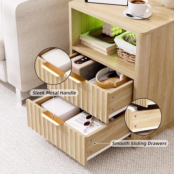 VOWNER Fluted Nightstand with Charging Station, 18” RGB Night Stand with 2 - Image 6