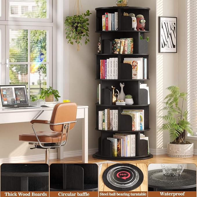 Aheaplus 6 Tier Rotating Bookshelf, Wood Spinning Bookshelf Tower, Round - Image 4