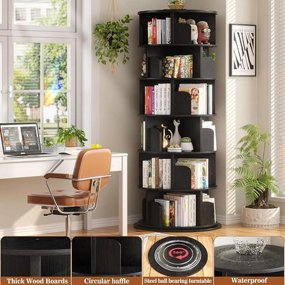 Aheaplus 6 Tier Rotating Bookshelf, Wood Spinning Bookshelf Tower, Round - Image 4