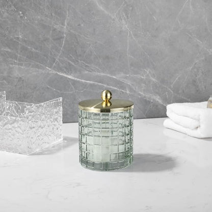 Sage Colored Tranlucent Apothecary Etched Geometric Grid Glass Jar W/Gold Metal - Image 8
