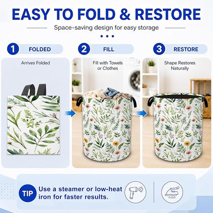 Floral Leaves Laundry Basket, Wildflower Greenery Flowers Collapsible Laundry - Image 5