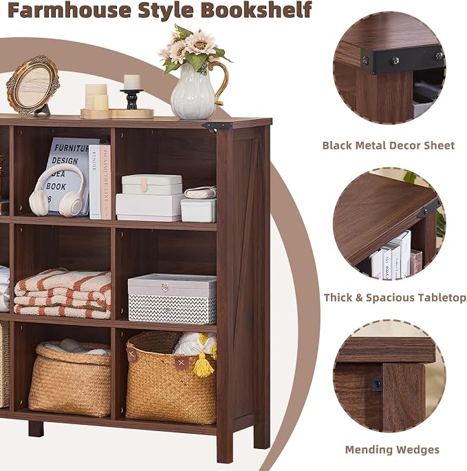 Joaxswe 12 Cube Storage Organizer, Farmhouse 62 Inch Wide Brown Walnut Display - Image 5