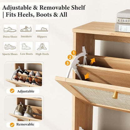 Nicetree Modern Rattan Shoe Cabinet, 4 Flip Drawers & Adjustable Shelves - Image 5