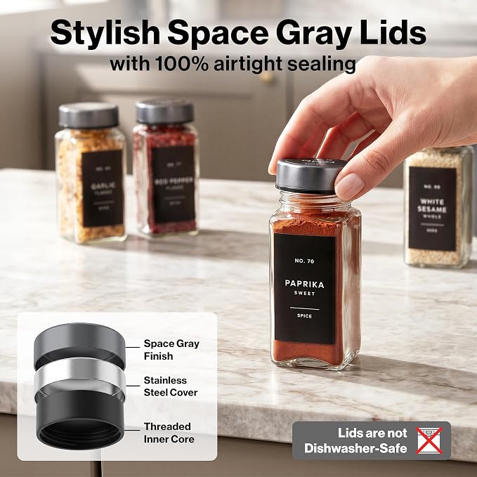 EDELHAUS Glass Spice Jars with Label, 24x Space Gray Stainless Steel Lids | - Image 6