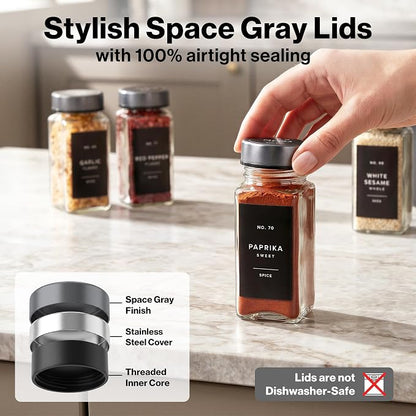 EDELHAUS Glass Spice Jars with Label, 24x Space Gray Stainless Steel Lids | - Image 6