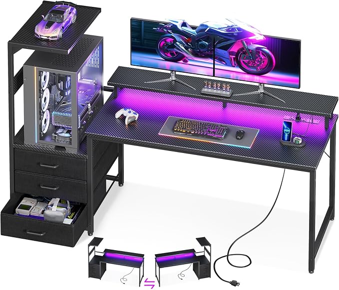 AODK 63 inch Gaming Desk with PC Display Stand, Reversible Steel Wood Computer by AODK