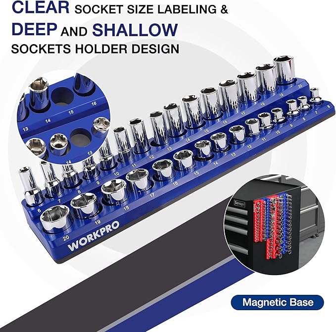 WORKPRO Magnetic Socket Organizer Set, 4-Piece Socket Holder Set Includes 1/4" - Image 5