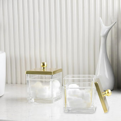 Glass Cotton Jar Holder 2 Pack– Brushed Gold Lid, Elegant Bathroom Storage - Image 3