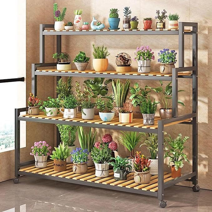 Rolling Plant Stand Bamboo 4 Tier Plant Stand Rack Shelf by DECORN