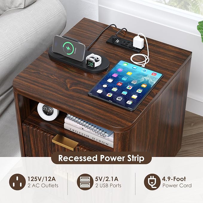 Nightstand with Charging Station, Fluted Nightstand with LED Lights, Modern - Image 3