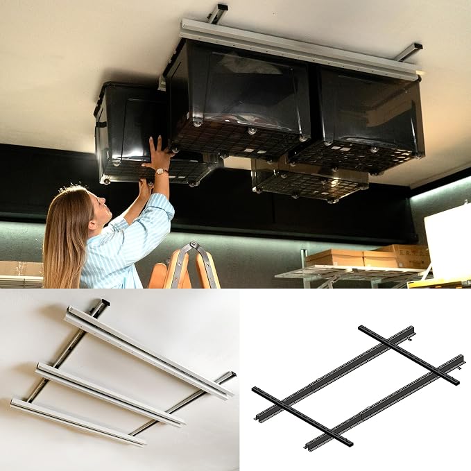 Adjustable Over Head Garage Bin Storage System Tote Lift Pro Overhead Storage by Ezyrack