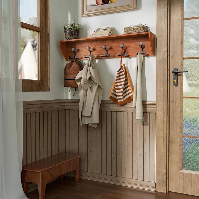 SKOLOO Wall Shelf with Hooks, 35-Inch Cherry Coat Rack Wall Mount with Shelf - Image 4