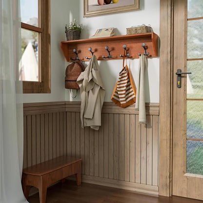 SKOLOO Wall Shelf with Hooks, 35-Inch Cherry Coat Rack Wall Mount with Shelf - Image 4