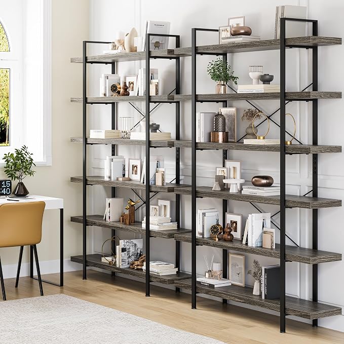 Heavy Duty 6-Tier Industrial Bookcase, 120lbs Shelf Capacity, Rustic Open - Image 9