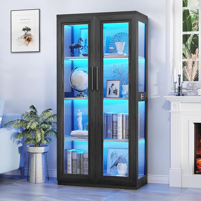 Curio Cabinet with Glass Doors, Bookcase with 4 Shelves, Display Cabinets - Image 3