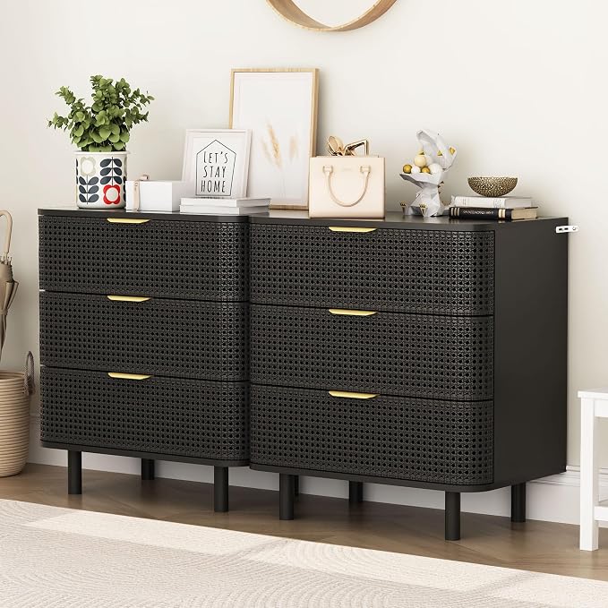 ORRD 3 Drawer Dresser Set of 2, Modern Iron Rattan Cabinet Dresser by ORRD