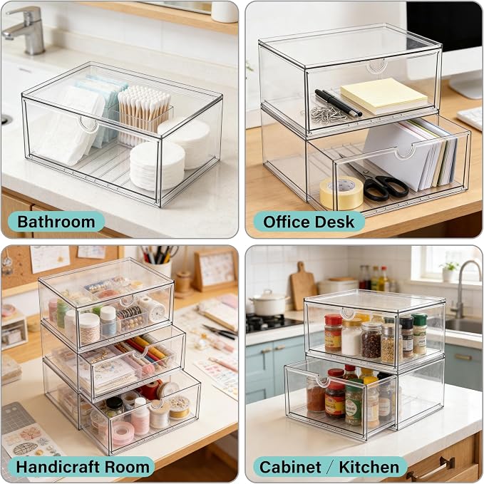 Prsildan Acrylic Makeup Organizer, 3 Pack Stackable Clear Storage Drawers - Image 4