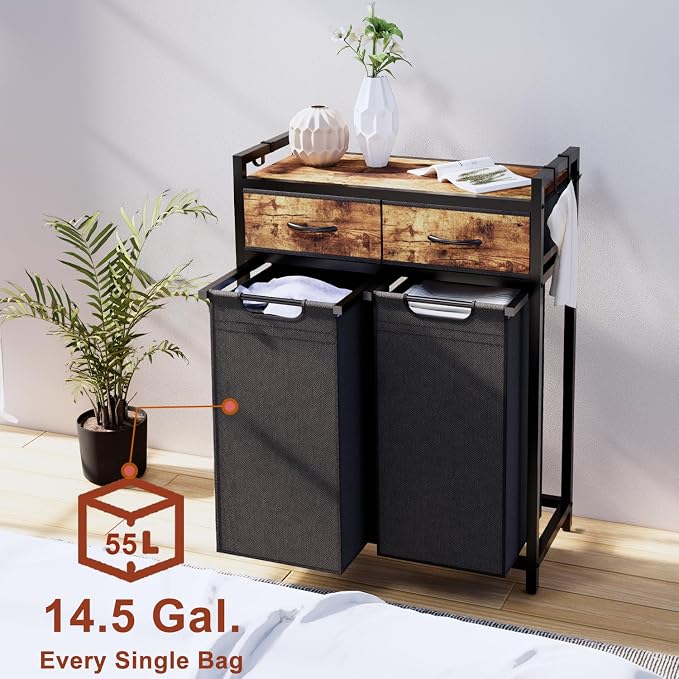 Laundry Hamper, Laundry Sorter 2 Section, Rolling Laundry Basket - Image 2