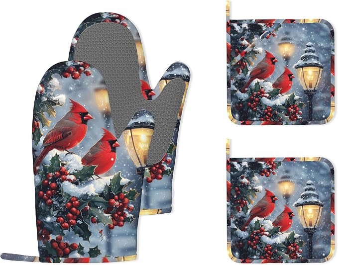 Christmas Berries Heat-Resistant Silicone Oven Mitts and Pot Holder 4 Piece Set by Unknown