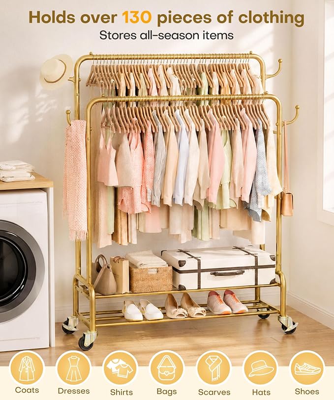 Homde Heavy Duty Clothes Rack: 265lb Rolling Double Rod Garment Hanging - Image 7