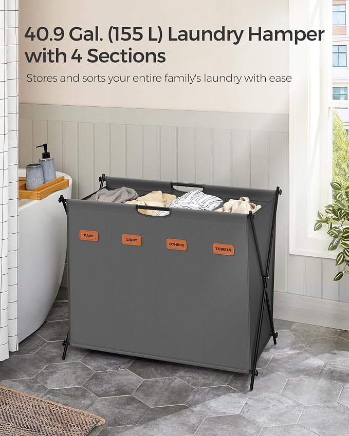 SONGMICS Laundry Hamper, Laundry Basket, 40.9 Gal. Laundry Sorter 4 Sections - Image 3