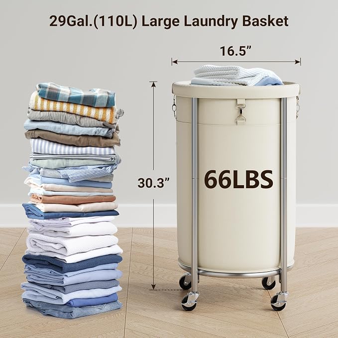 ELYKEN Laundry Hamper with Wheels, 110L Rolling Laundry Basket, Round Laundry - Image 3