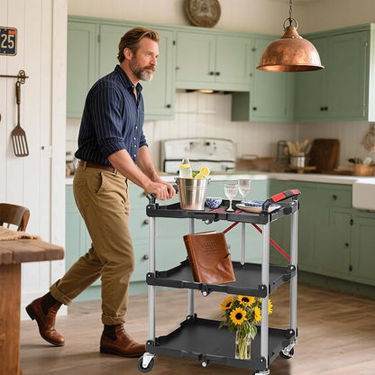 【Foldable Utility Cart with 3 Shelves】 Heavy Duty Plastic Rolling Cart - Image 8