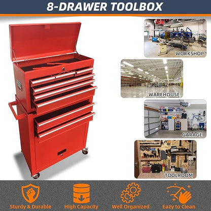 8-Drawer High Capacity Rolling Tool Chest, Removable Cabinet Storage Tool Box - Image 6