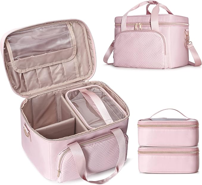 Travel Makeup Bag with 2 Pouches and Adjustable Dividers, Large Cosmetic Case by Prokva