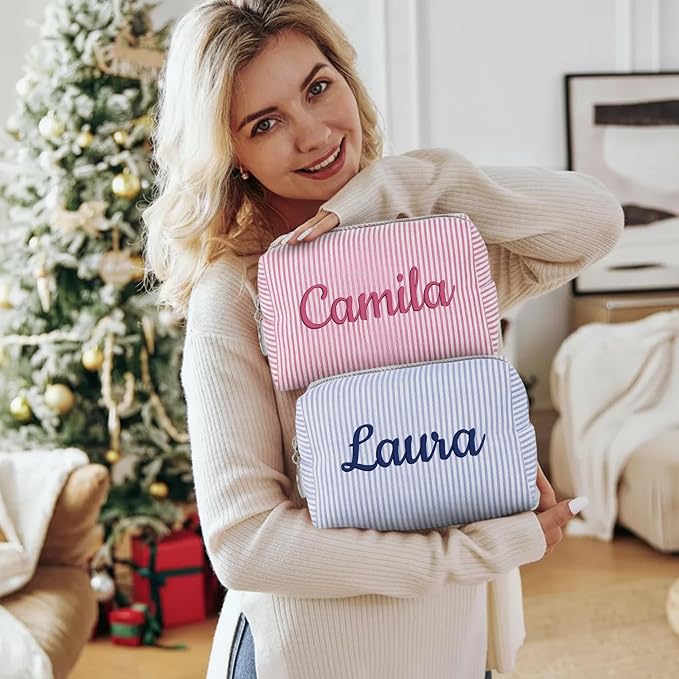 Personalized Seersucker Makeup Bag - Image 8
