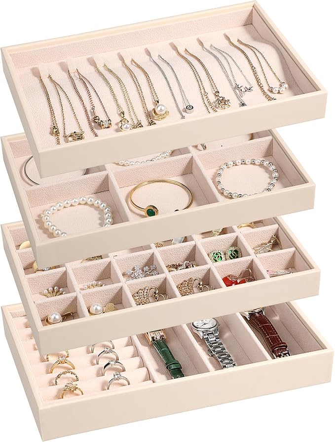 LANDICI Stackable Jewelry Organizer Trays 4 Set, PU Leather Jewelry Organizer by LANDICI