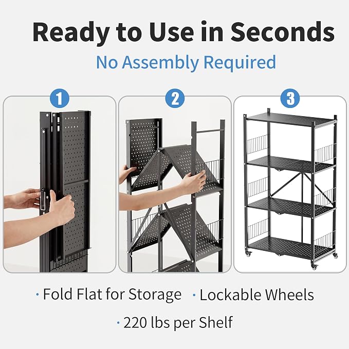 Folding Storage Shelves, 4-Tier Metal Foldable Shelf Shelving Rack Organizer On - Image 3