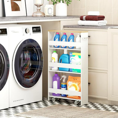 Small Kitchen Cart, 4-Tier Slim Rolling Island w/Handle, Laundry Room Storage - Image 9