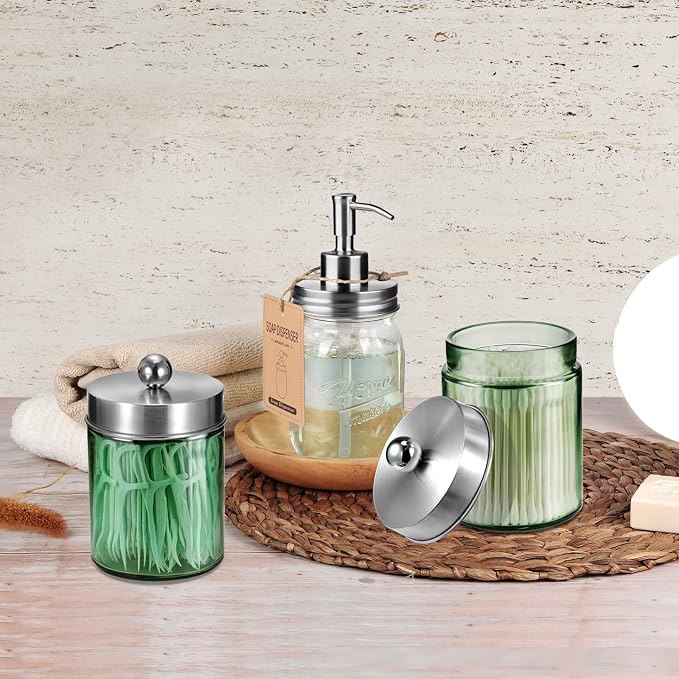Amolliar Sage Green Qtip Holder, Glass Apothecary Jar Metal Lid & Sticker - Image 7